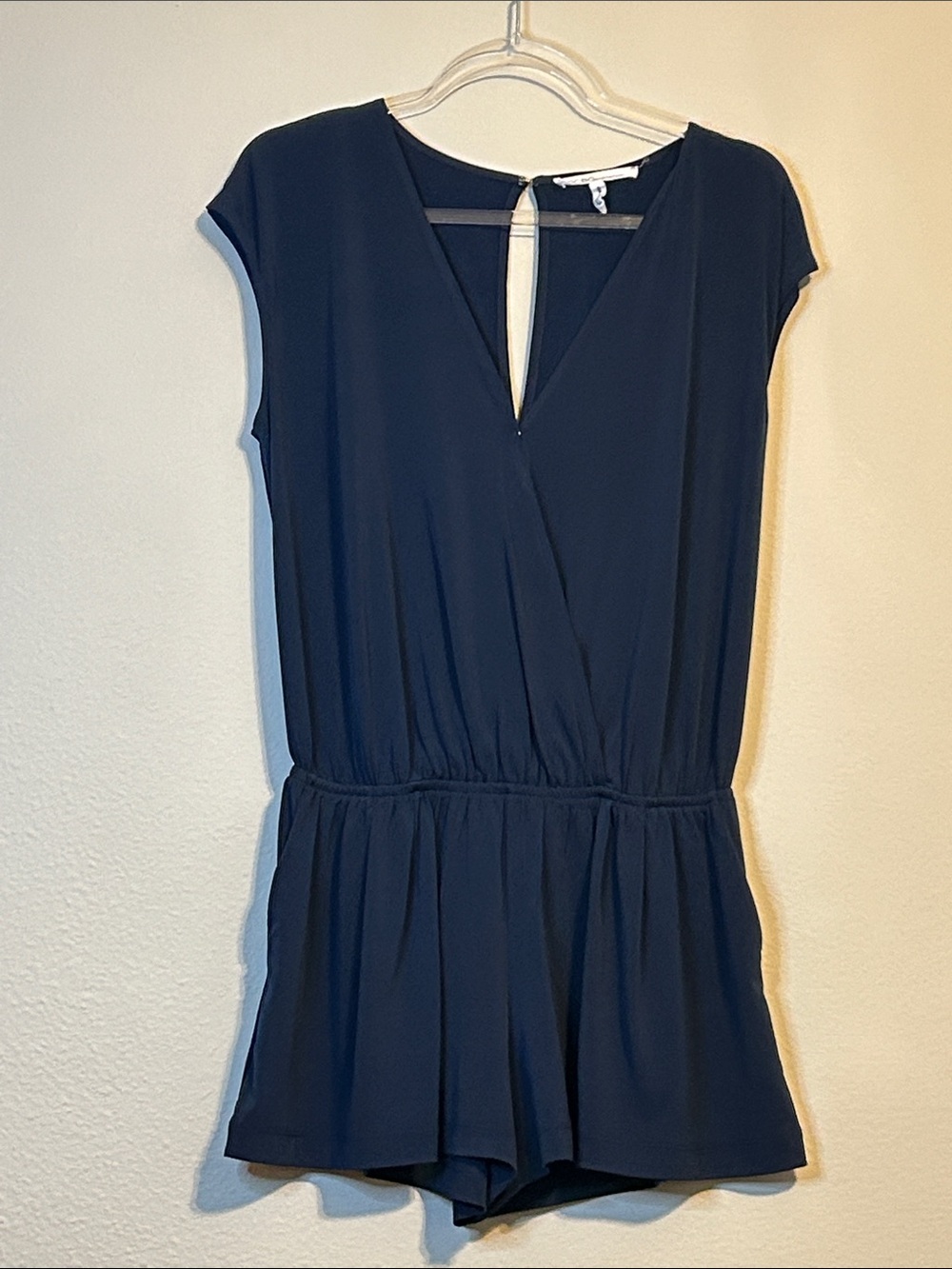 BCBGGeneration Navy Wrap Romper Size M | Short Sleeve V‑Neck One Piece